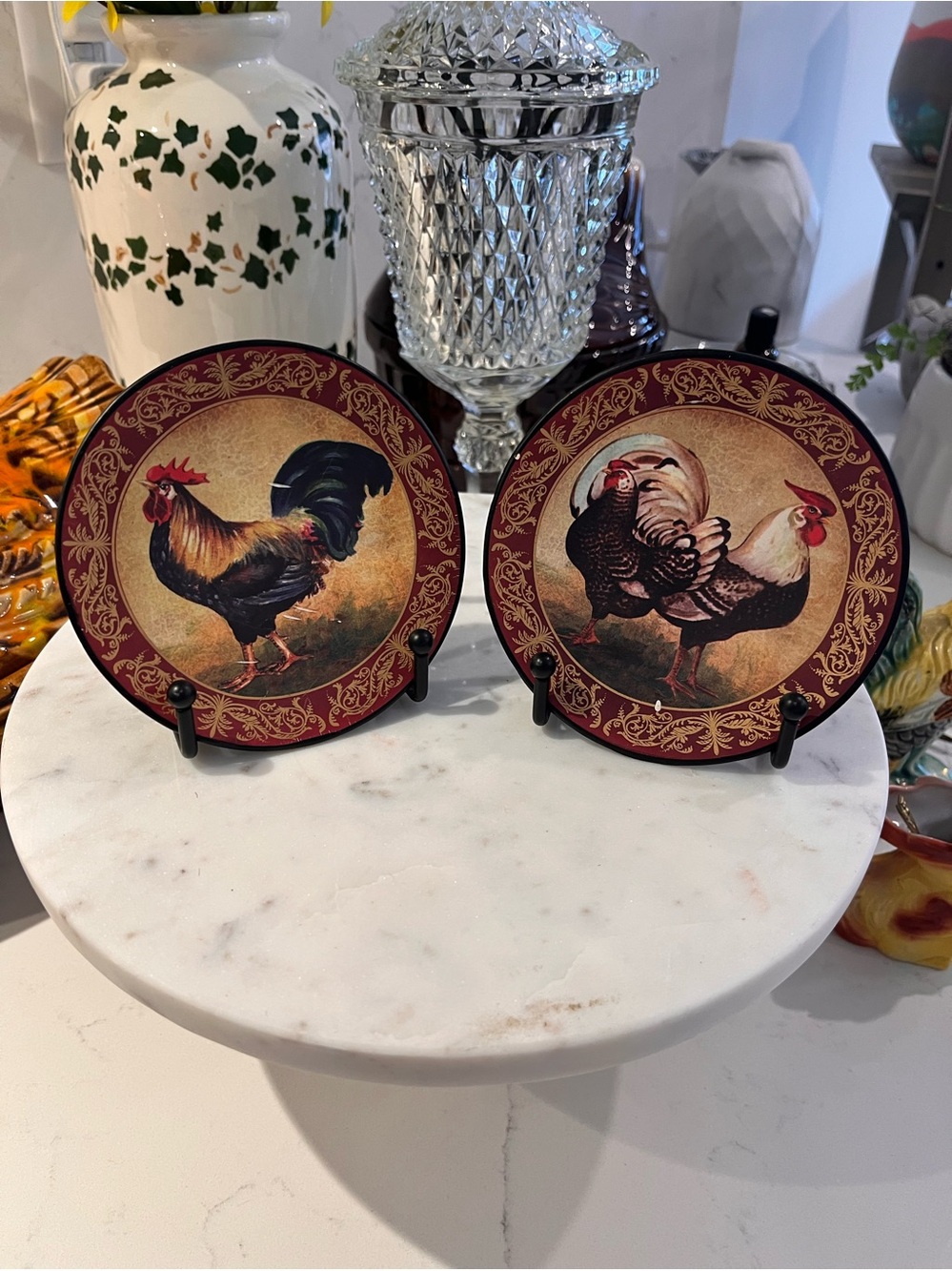 Pair of Vintage Style Rooster Decorative Mini Plates with Stands